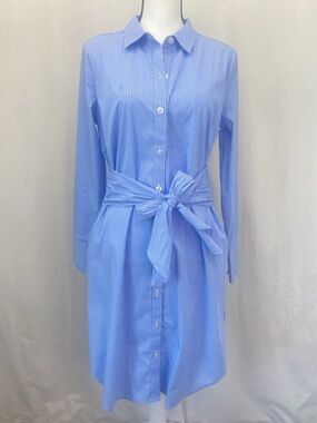 Ellen Tracy Blue & White Striped Button-Front Shirt Dress size Small